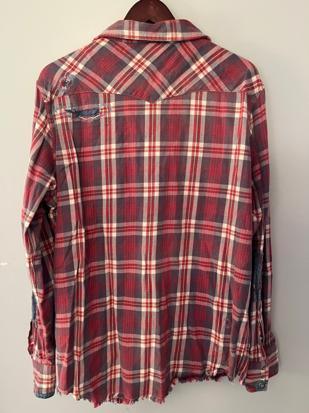 Polo Ralph Lauren Red Plaid Button-Up Shirt with Denim Patches & Frayed Bottom - Picture 7 of 7